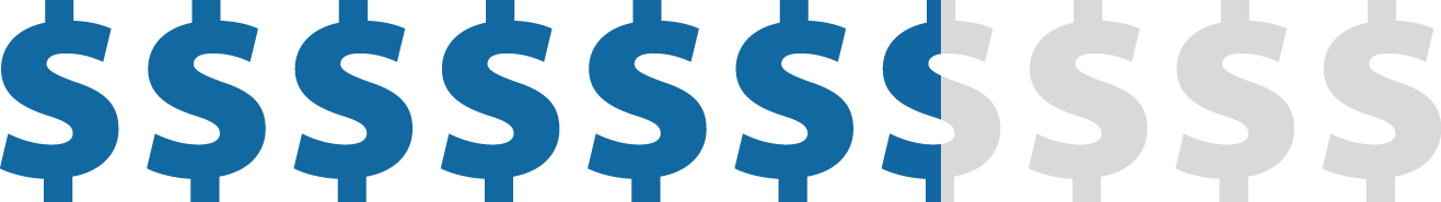 line of 10 dollar symbols, the first six-and-a-half filled in with solid color